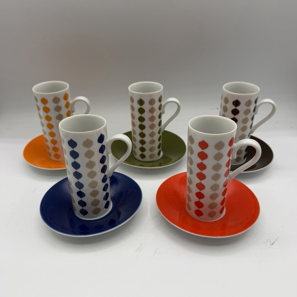 Vintage Tall Espresso Cup & Saucers Fine China Japan Colorful Geometric Set of 5